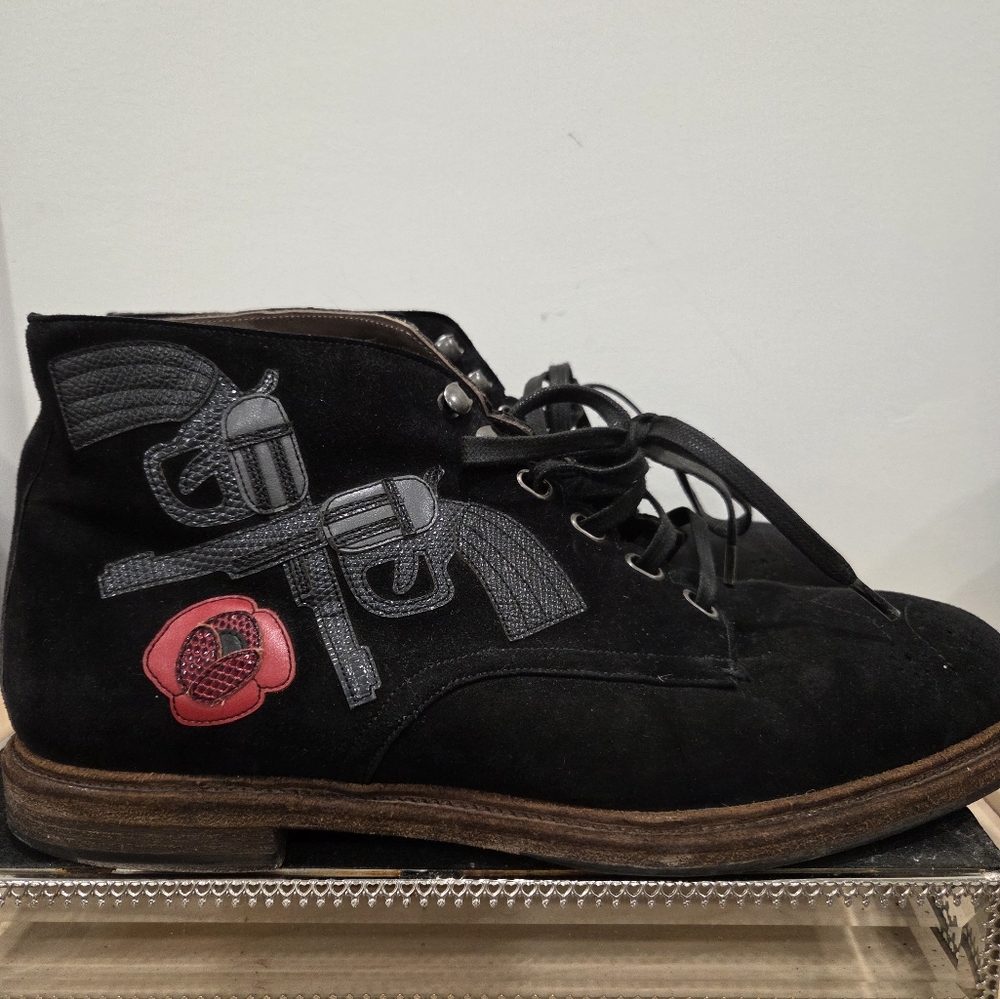 Dolce & Gabbana Black Suede Embroidered Patch Ankle Boots Size 9